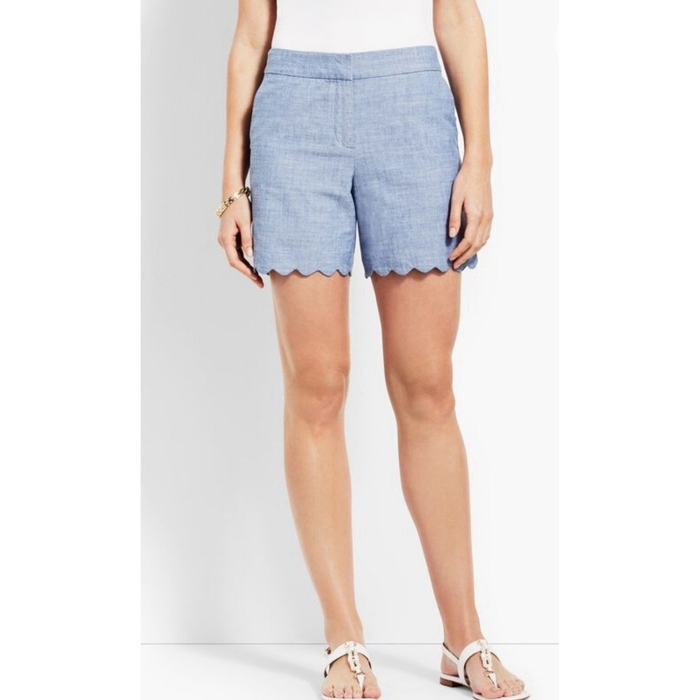 Talbots Womens Blue Scalloped Hem Chambray Shorts Size 6 Coastal Preppy NWT